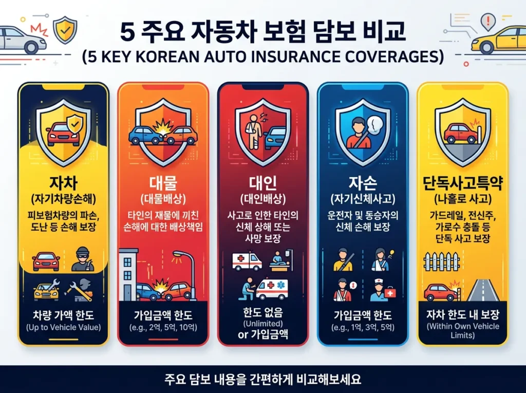 자동차 보험 5대 담보 자차 대물 대인 자손 단독사고 비교 인포그래픽 2026
