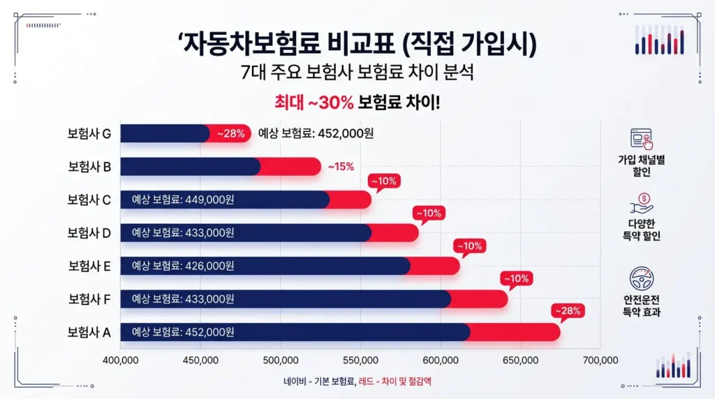 자동차 보험 다이렉트 보험사 7곳 보험료 비교 차트 2026