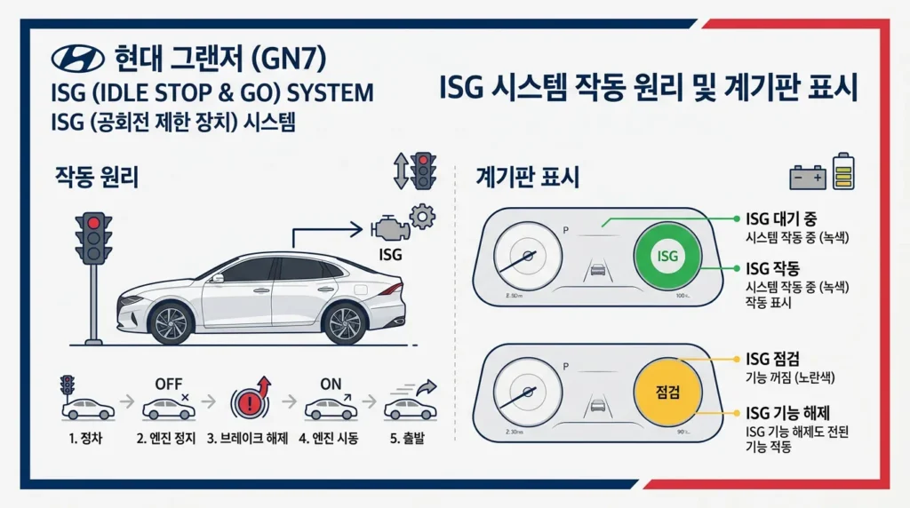 그랜저 GN7 신호대기 중 시동꺼짐 ISG 시스템 자가진단 가이드 인포그래픽 (AI 생성 시각화)