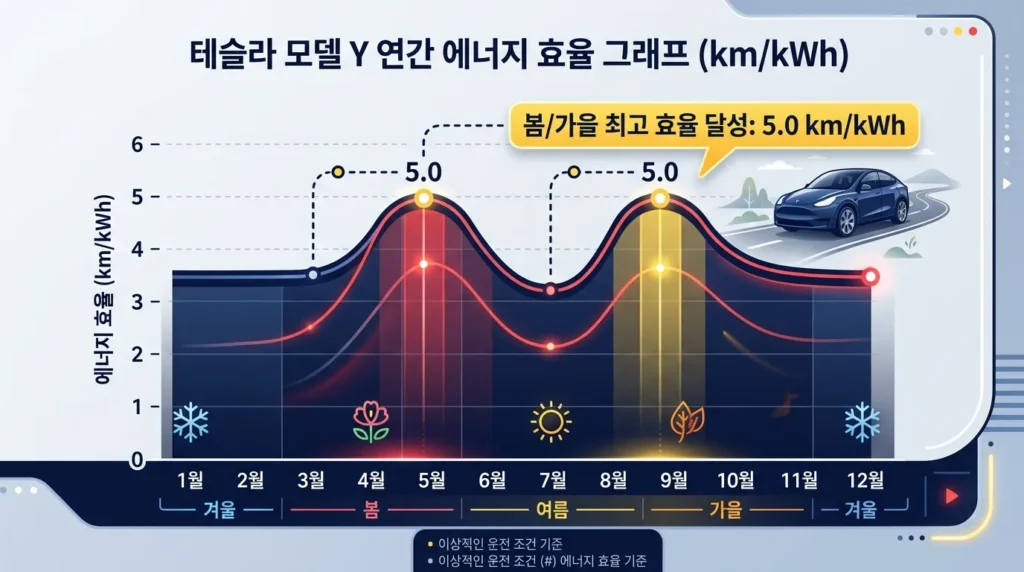 모델Y 봄가을 평균 전비 5.0km/kWh 실측 데이터 다이어그램 (AI 생성 시각화)
