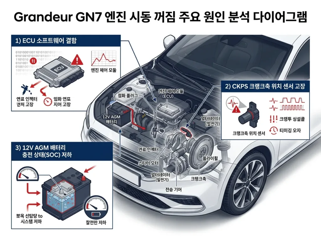 그랜저 GN7 시동꺼짐 3대 원인 ECU CKPS 12V배터리 진단 다이어그램