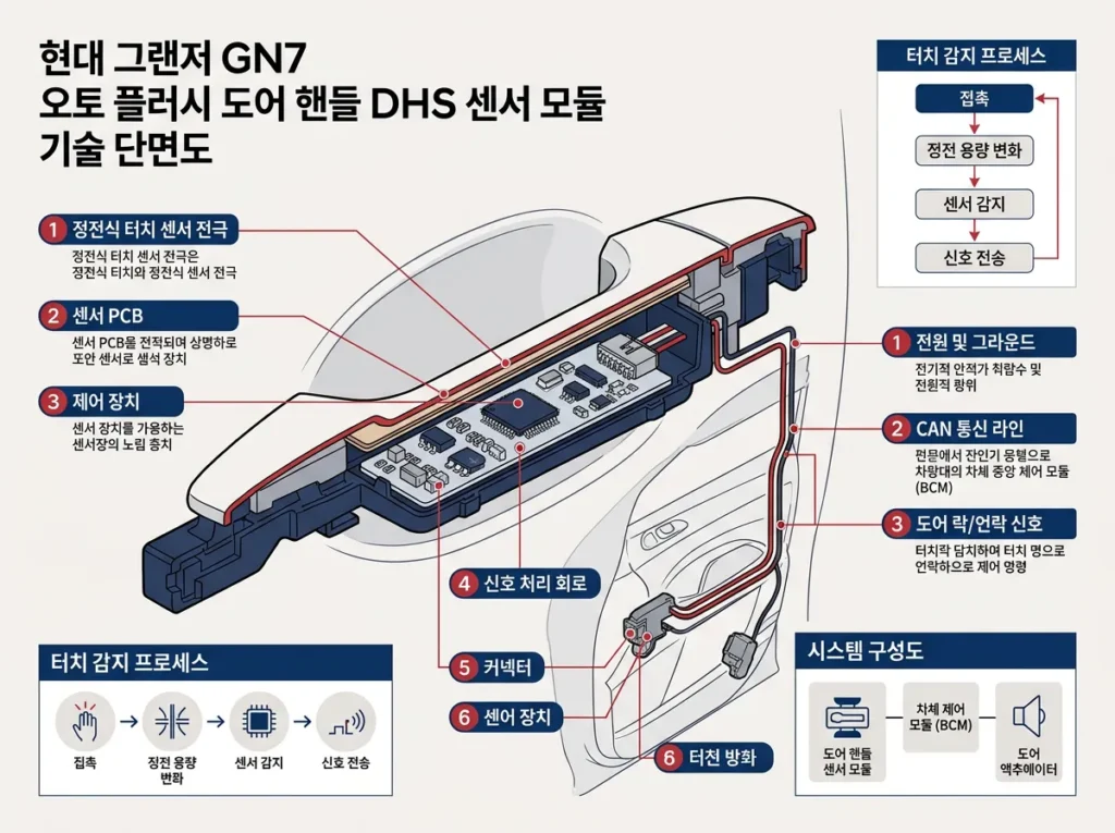그랜저 GN7 오토 플러시 도어핸들 DHS 내부 구조 다이어그램