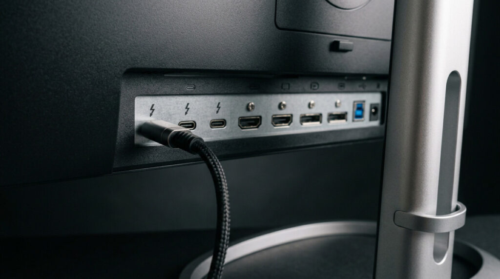 32인치 4K IPS Black 모니터 후면 USB-C 썬더볼트 포트와 케이블 디테일 클로즈업