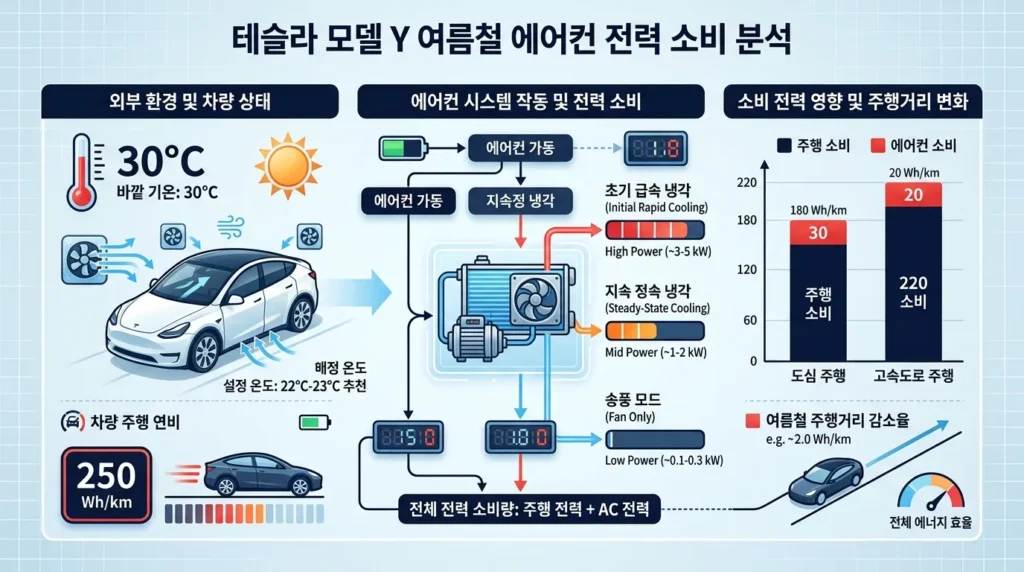 모델Y 여름 에어컨 소비전력 250Wh/km 인포그래픽 (AI 생성 시각화)