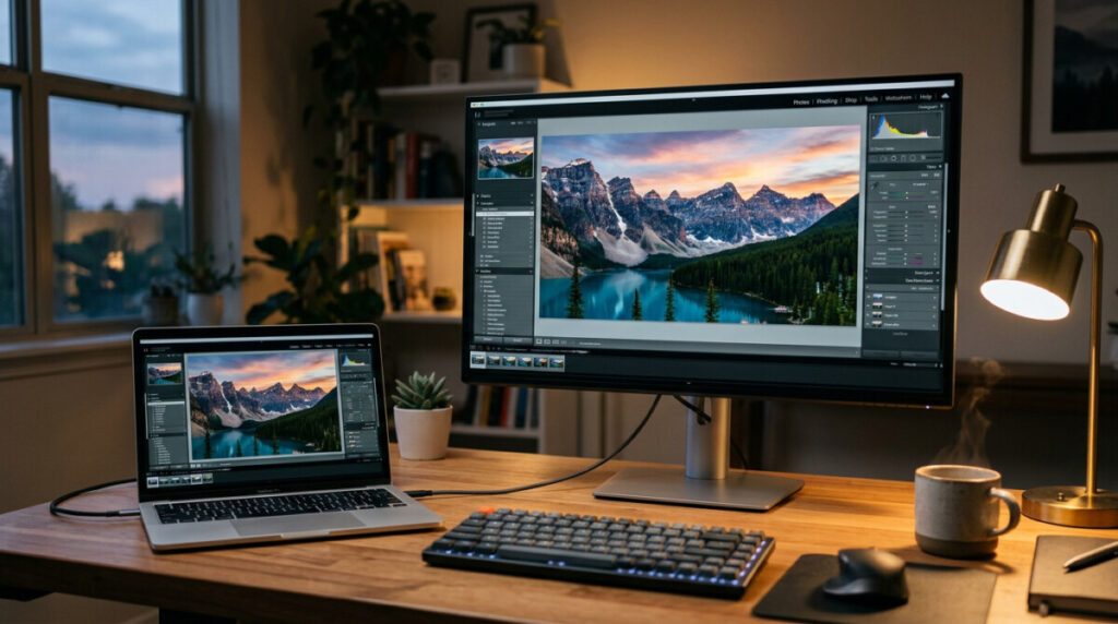 맥북과 32인치 4K 모니터를 USB-C 한 케이블로 연결한 실제 작업 시나리오