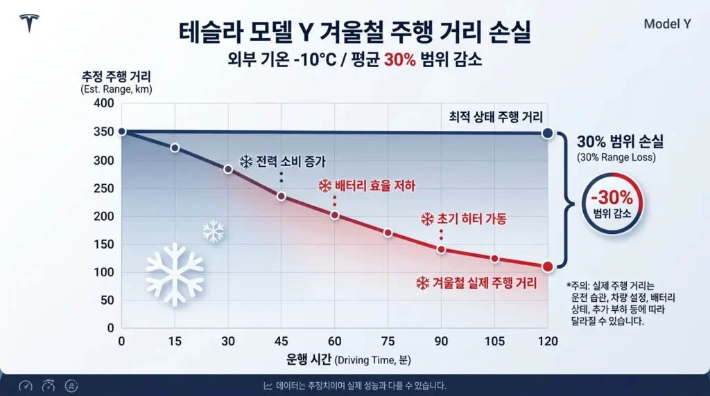 모델Y 겨울 영하 6도 실측 5.5km/kWh 전비 그래프 (AI 생성 시각화)