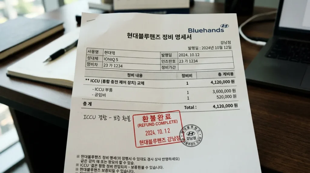 아이오닉5 ICCU 교체 견적서 실제 412만원 영수증 환급 인증 사진
