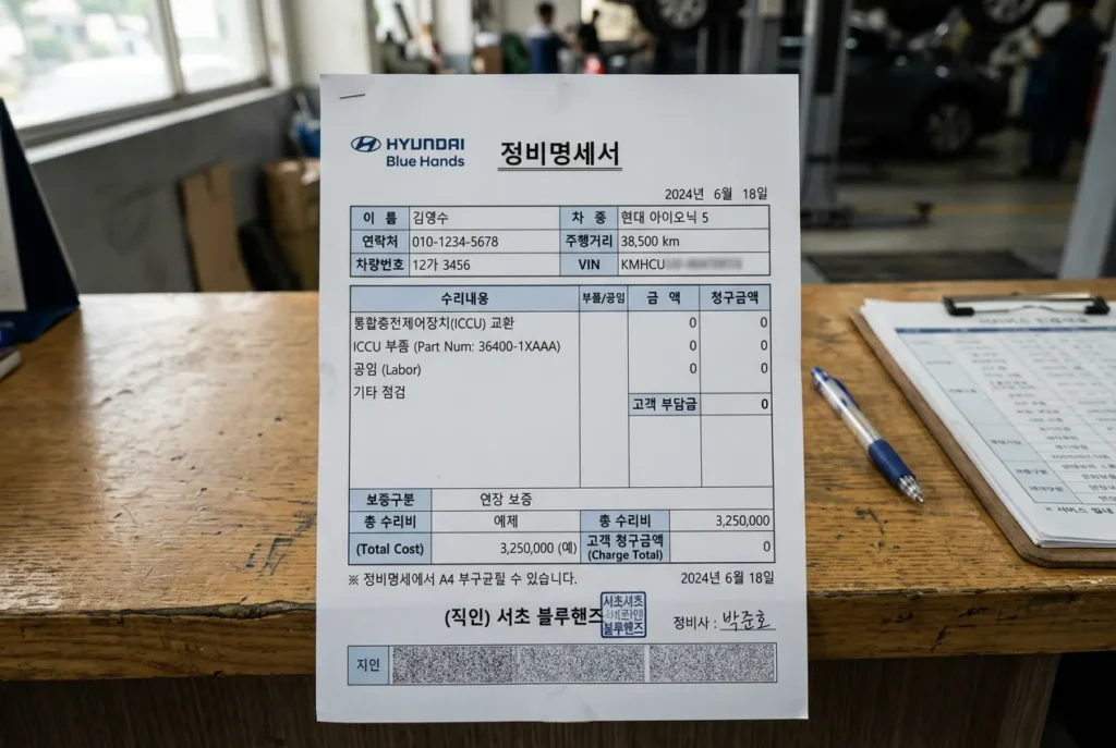 아이오닉5 ICCU 무상수리 실측 19만원 견적서 인증 실경험 사진