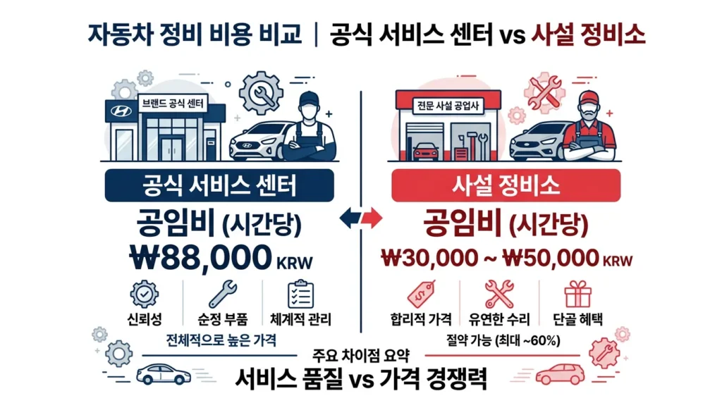 공식 서비스센터와 사설 정비소 비용 차이를 한눈에 보여주는 2026년 비교 인포그래픽 헤더 이미지
