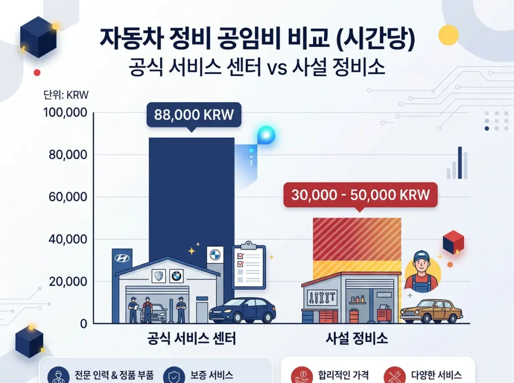 공식 서비스센터 8만8천원과 사설 정비소 3~5만원의 시간당 공임 비교 인포그래픽