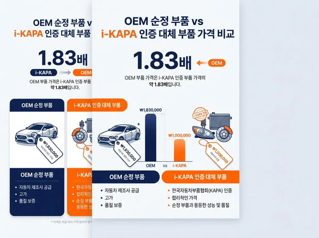 OEM 정품 부품과 i-KAPA 인증 대체부품 가격 차이 1.83배 비교 인포그래픽