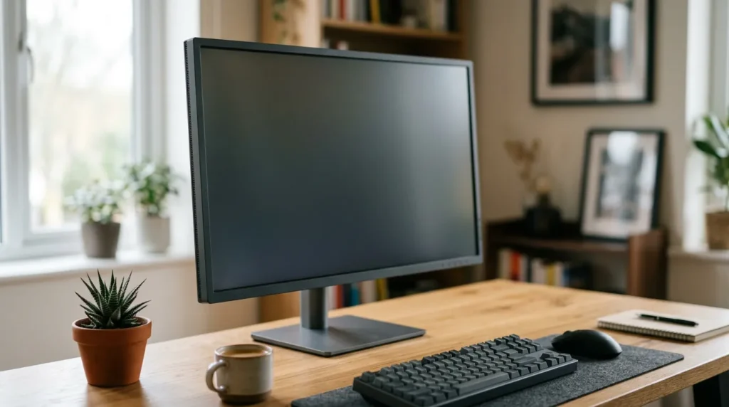 32인치 4K 디자이너 모니터가 놓인 깔끔한 책상 정면 컷, BenQ PD3225U 후기 분석 메인 이미지
