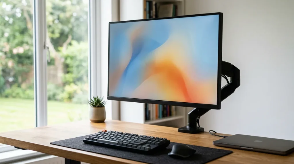 LG 32UN880 32인치 4K 에르고 모니터를 책상에 설치한 작업 환경