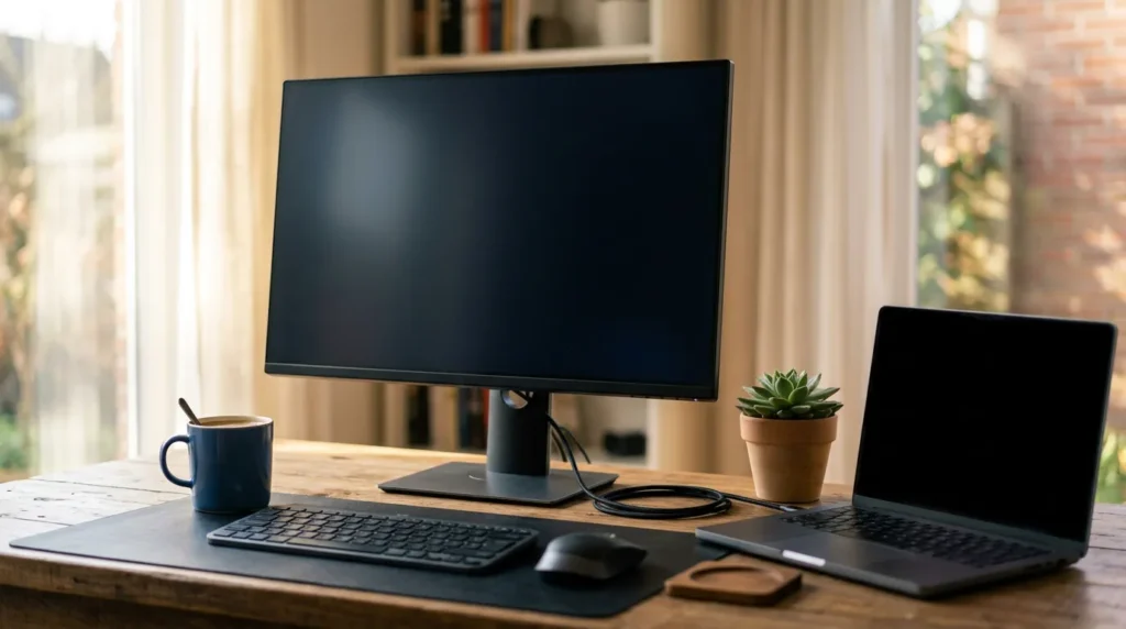 Dell U2725QE 27인치 모니터와 노트북을 USB-C 한 케이블로 연결한 책상 환경