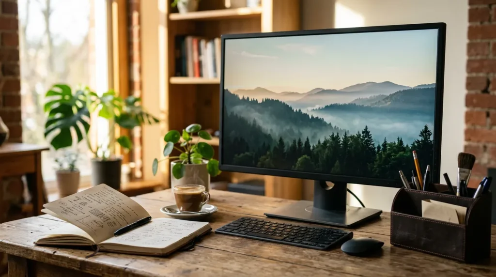 아침 햇살 아래 노트북과 27인치 4K 모니터로 사진 보정 작업 중인 라이프스타일 장면