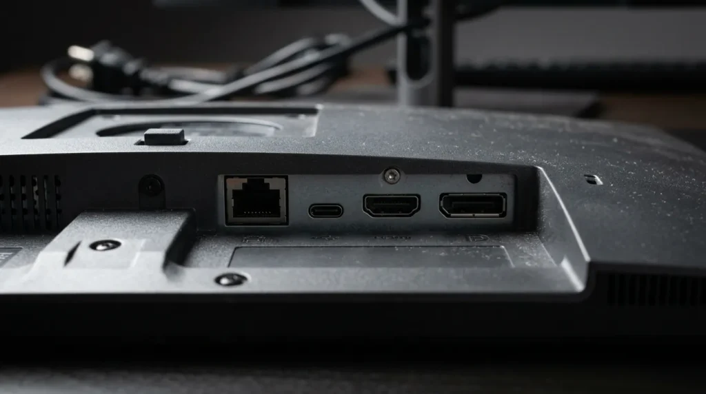 Dell U2725QE 모니터 후면 포트와 스탠드 디테일 클로즈업