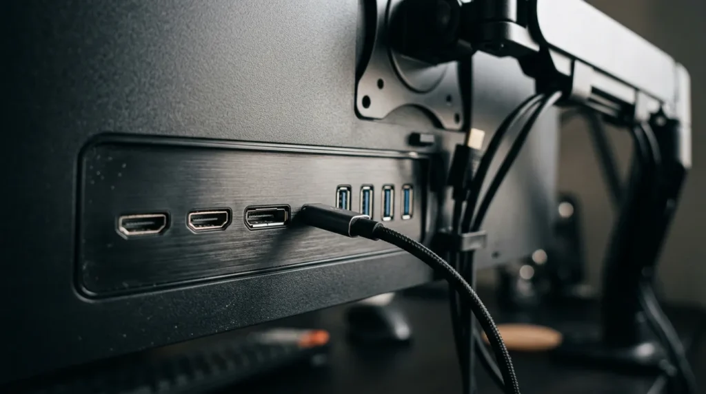 LG 32UN880 USB-C HDMI DisplayPort 포트와 에르고 스탠드 디테일