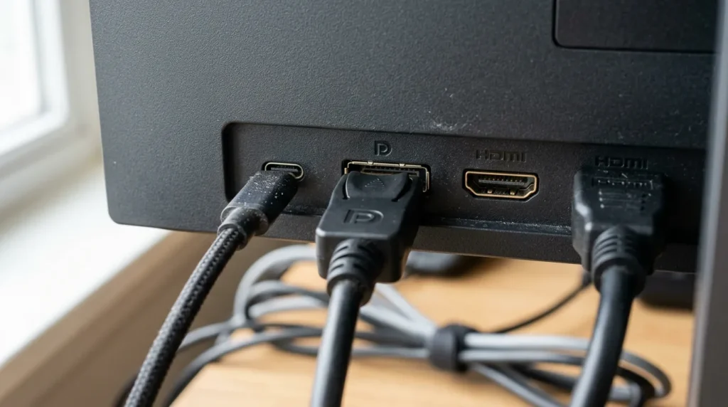 모니터 뒷면 USB-C DisplayPort HDMI 포트 클로즈업 매크로 컷