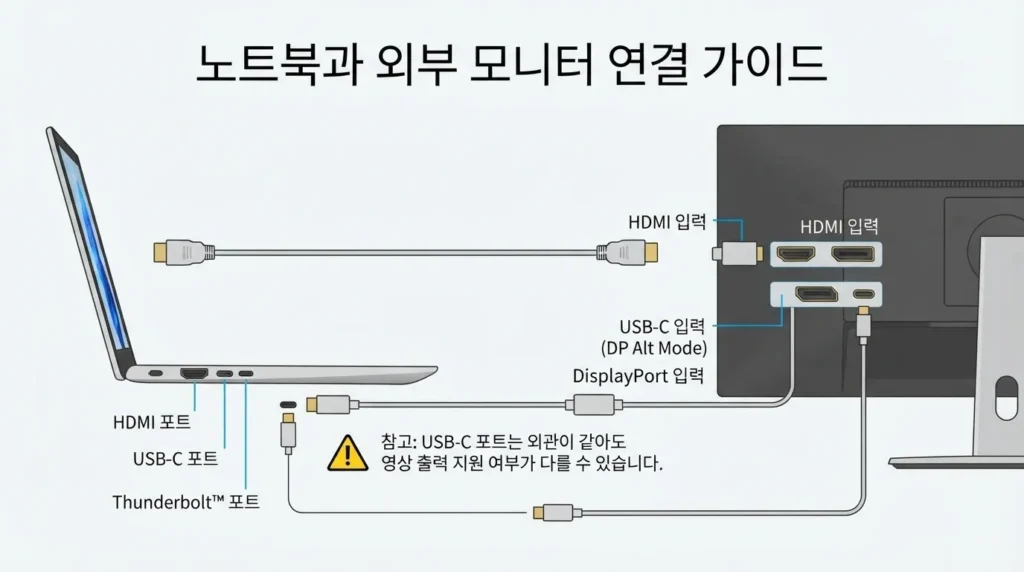 노트북 외부 모니터 영상 포트 구분 노트북 외부 모니터 연결에 사용하는 HDMI USB-C DisplayPort 포트 구분