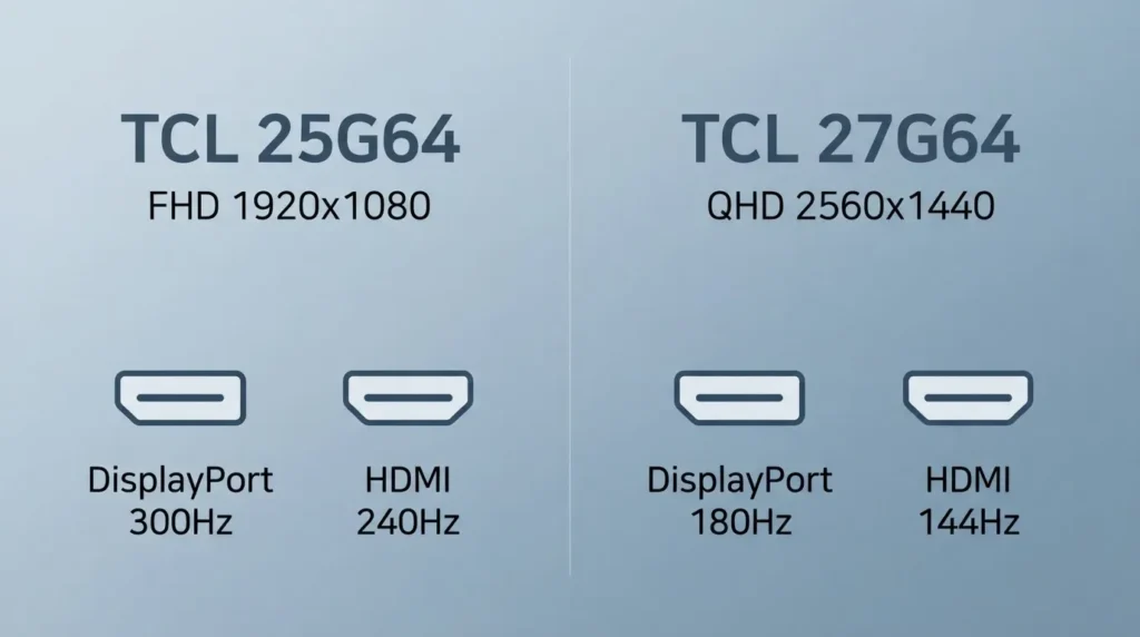 TCL 25G64 300Hz와 27G64 180Hz의 HDMI DisplayPort 연결 차이