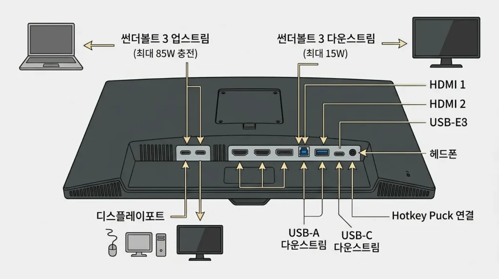 BenQ PD3225U 포트와 케이블 연결 구조 벤큐 모니터 설정을 위한 PD3225U Thunderbolt 3 HDMI DisplayPort USB 업스트림 포트 구성
