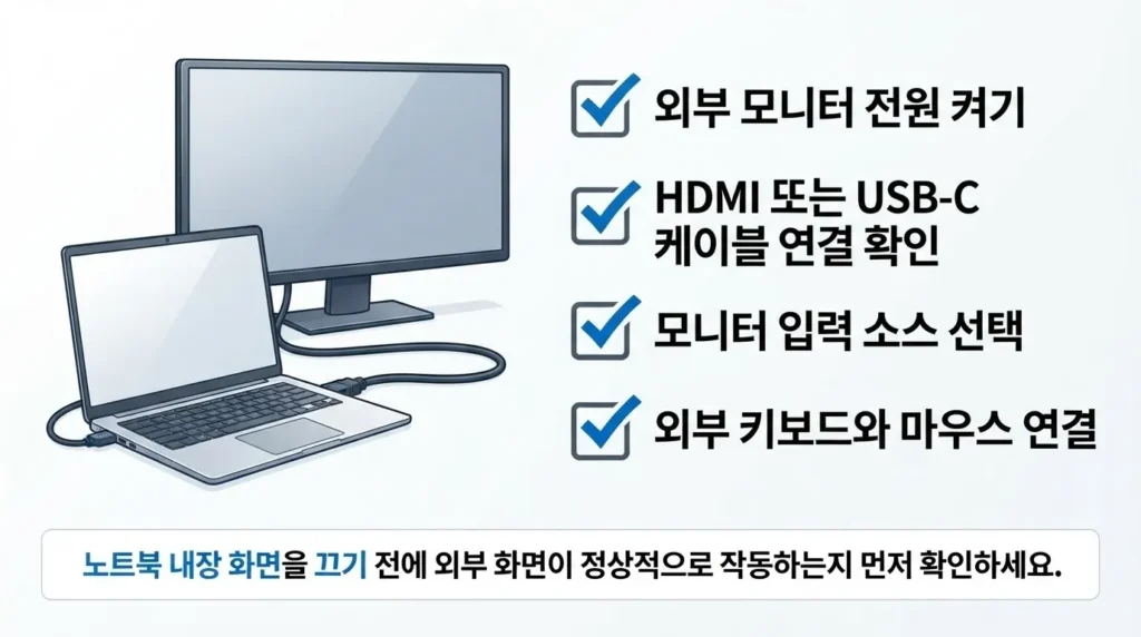 외부 모니터 단독 사용 전 확인 사항 노트북 외부 모니터만 사용하기 전 전원 케이블 입력 소스 키보드 확인