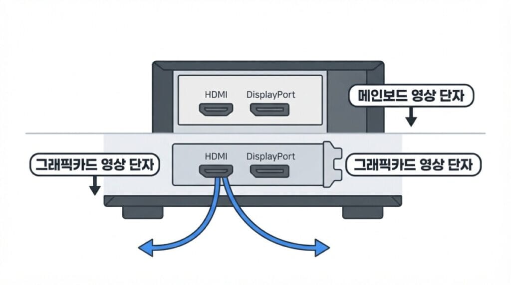 그래픽카드와 메인보드 영상 단자 구분 데스크톱 본체 뒤쪽의 그래픽카드와 메인보드 HDMI DisplayPort 영상 단자 구분
