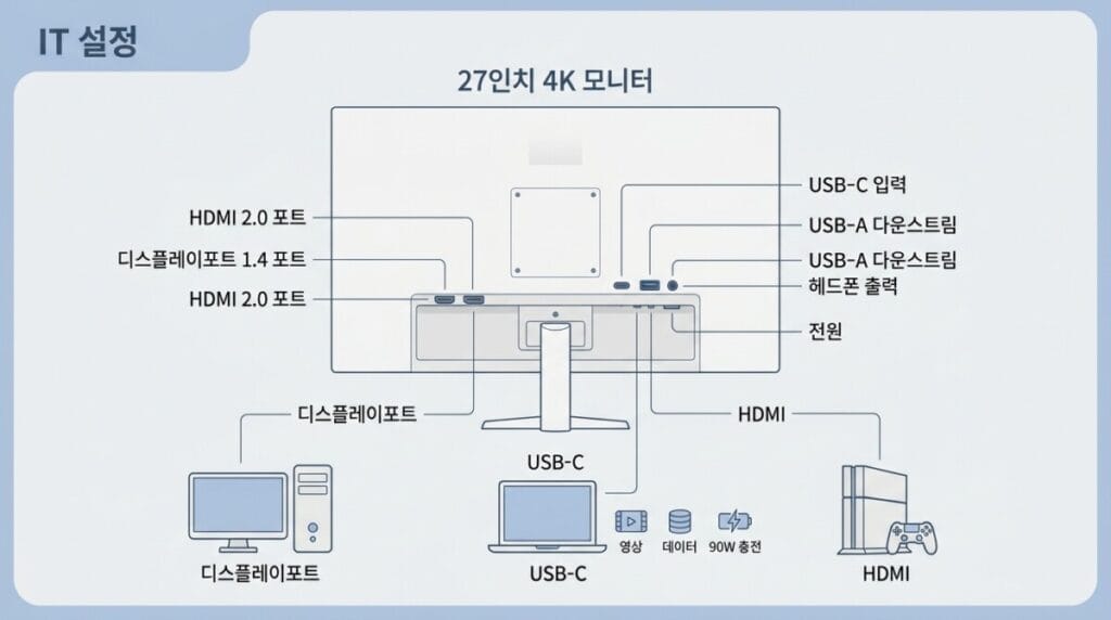 LG 27UP850N 포트와 케이블 연결 방법 LG 모니터 설정 전 27UP850N HDMI DisplayPort USB-C 포트 연결도
