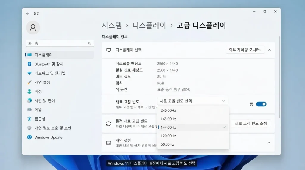Windows 11 게이밍 모니터 144Hz 240Hz 설정