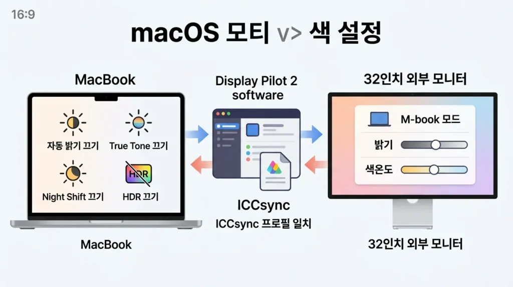 PD3225U MacBook M-book ICCsync 색감 설정 PD3225U 맥 색감 조정을 위한 True Tone Night Shift M-book ICCsync 설정 순서