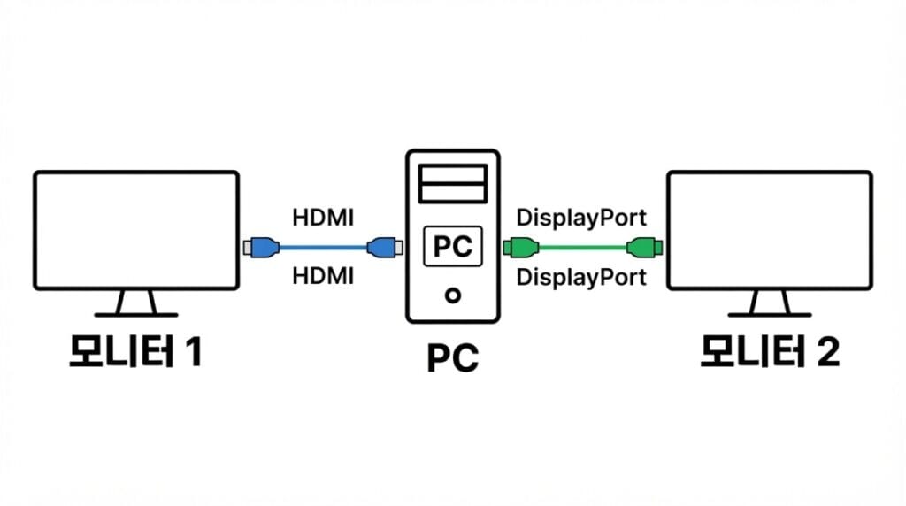 듀얼 모니터 선 연결 구조 컴퓨터의 HDMI와 DisplayPort 출력에서 모니터 두 대로 각각 연결하는 구조