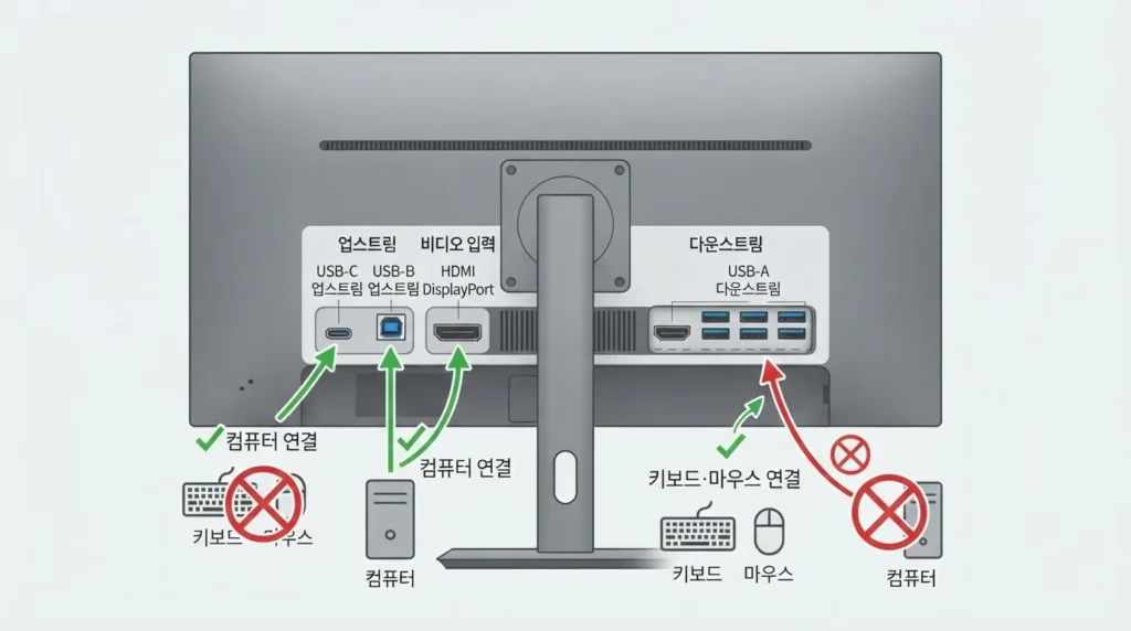 모니터 KVM USB 업스트림 다운스트림 연결 모니터 KVM의 USB 업스트림과 다운스트림 포트 연결 방법