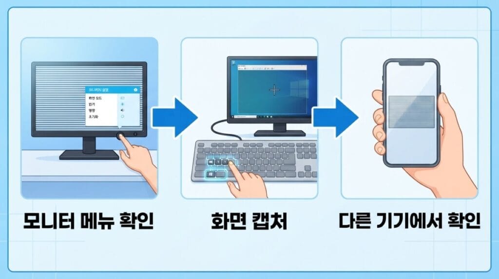 모니터 자체 설정 메뉴와 Windows 캡처를 다른 기기에서 비교