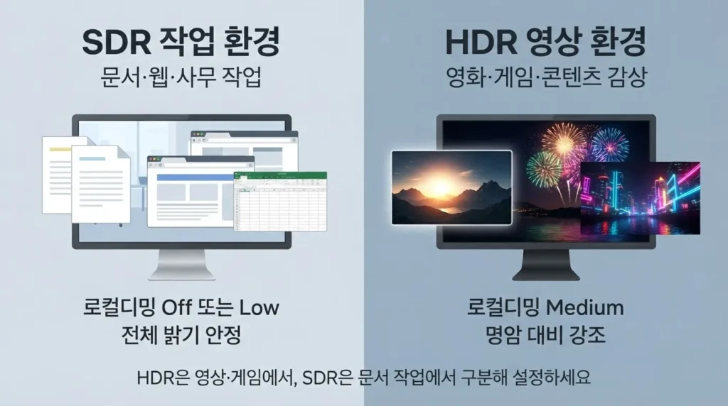 SDR와 HDR 로컬디밍 설정 비교 미니 LED 모니터 SDR HDR 로컬디밍 설정 비교 화면