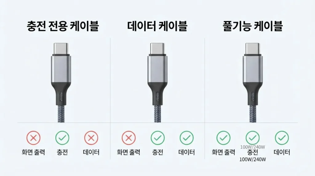 USB-C 모니터 케이블의 영상 충전 데이터 지원 범위 비교