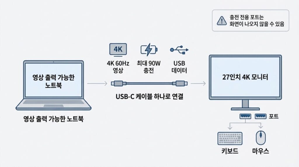 LG 27UP850N USB-C 영상 충전 허브 설정 LG 27UP850N USB-C 화면 출력 90W 충전 USB 허브 연결 구조