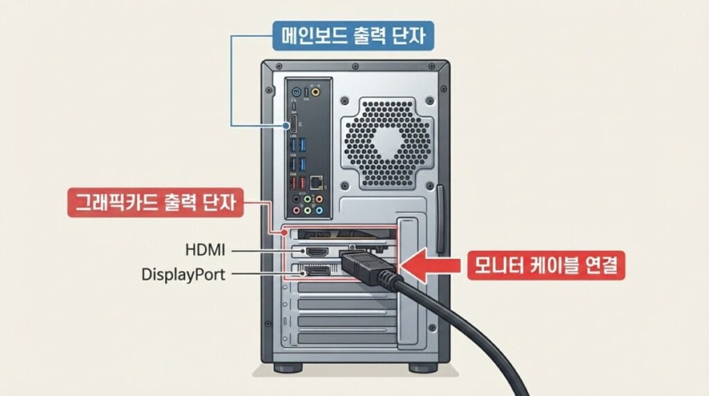 데스크톱 본체 뒤쪽의 메인보드 영상 단자와 그래픽카드 HDMI 및 DisplayPort 출력 단자를 구분한 모습