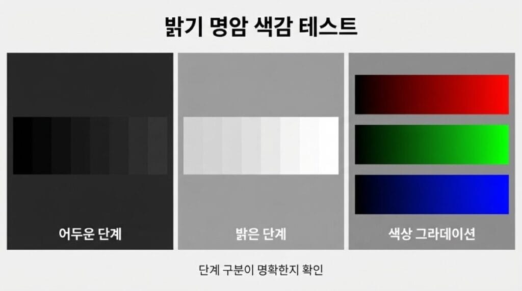 모니터 밝기 명암 색감 테스트 모니터 밝기 명암 색감 테스트를 위한 검은색 흰색 회색 단계