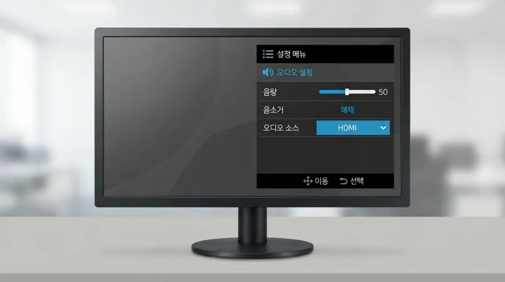 모니터 내장 스피커 OSD 음량 설정 모니터 OSD 스피커 음량과 음소거 설정 화면