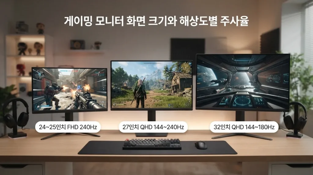 게이밍 모니터 크기 해상도 주사율 비교 게이밍 모니터 144Hz 240Hz와 화면 크기별 해상도를 비교하는 이미지
