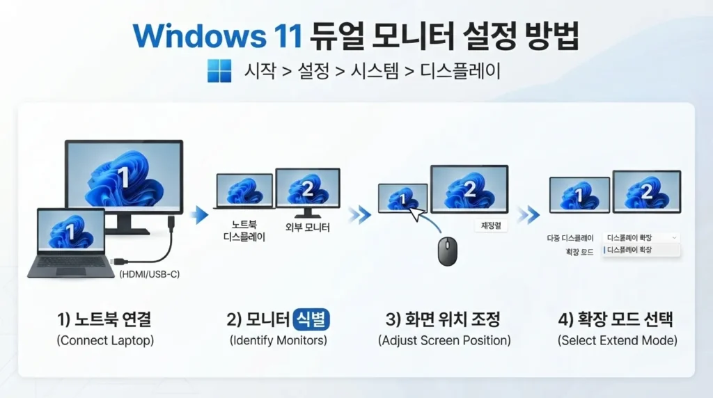 Windows 11 외부 모니터 화면 확장 설정 Windows 11 노트북 외부 모니터 식별 배치 화면 확장 설정