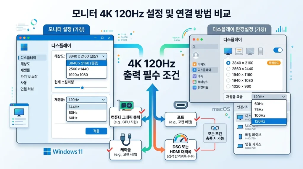 Dell U3225QE 4K 120Hz 설정 경로 Windows 11과 macOS에서 Dell U3225QE 4K 120Hz를 확인하는 경로