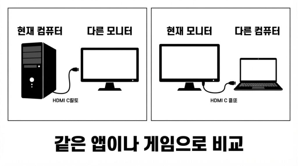 현재 컴퓨터를 다른 모니터에 연결하고 현재 모니터를 다른 컴퓨터에 연결하는 교차 테스트
