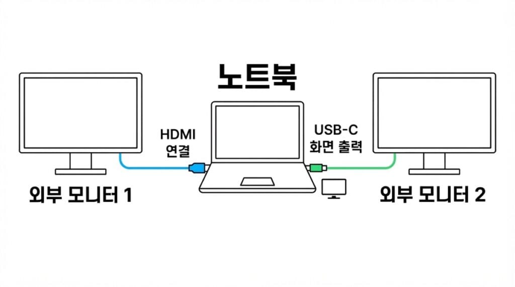 노트북 HDMI USB-C 듀얼 모니터 연결 노트북의 HDMI와 USB-C 영상 출력 단자를 이용해 외부 모니터 두 대를 연결한 모습