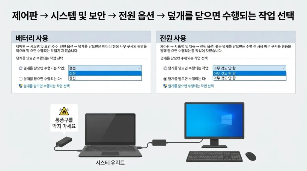 노트북 덮개 닫기 동작 설정 Windows 노트북 덮개를 닫을 때 전원 사용 아무 것도 안 함 설정