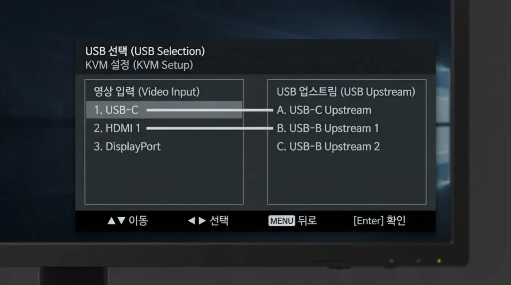 모니터 KVM OSD 입력 배정 모니터 KVM OSD에서 영상 입력과 USB 업스트림을 배정하는 화면