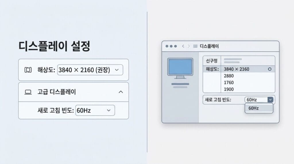 LG 27UP850N 3840×2160 60Hz 설정 Windows와 macOS에서 LG 27UP850N 4K 60Hz 설정을 확인하는 화면