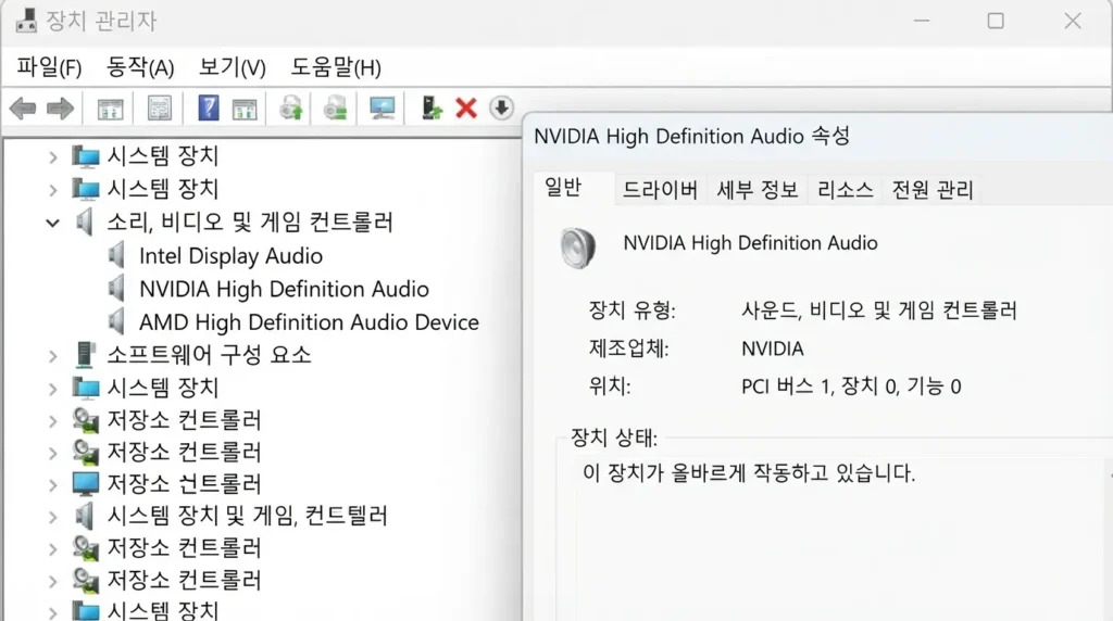 모니터 오디오 출력 장치가 안 보일 때 장치 관리자 확인 장치 관리자에서 모니터 HDMI 오디오 출력 장치를 확인하는 화면