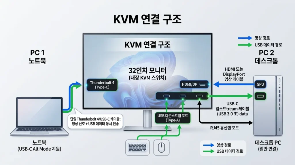 Dell U3225QE KVM 연결 구조 Dell U3225QE Thunderbolt 4와 USB-C KVM 업스트림을 이용한 PC 두 대 연결도
