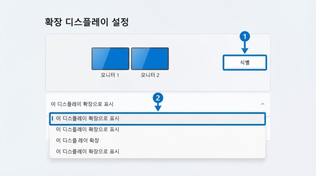 Windows 11 화면 확장과 모니터 식별 Windows 11 디스플레이 설정에서 화면 확장과 모니터 식별을 선택하는 위치